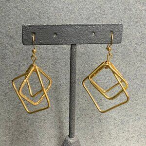Dangle Pierced Earrings Gold Square Triple Hoop Texture Retro Classic 80s 90s